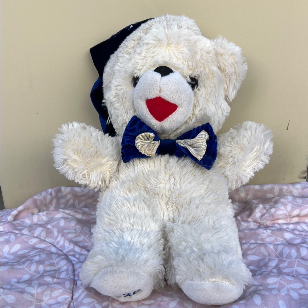 #82 snowflake limited teddy plush White Teddy Bear with Blue Hat and Bow Tie
